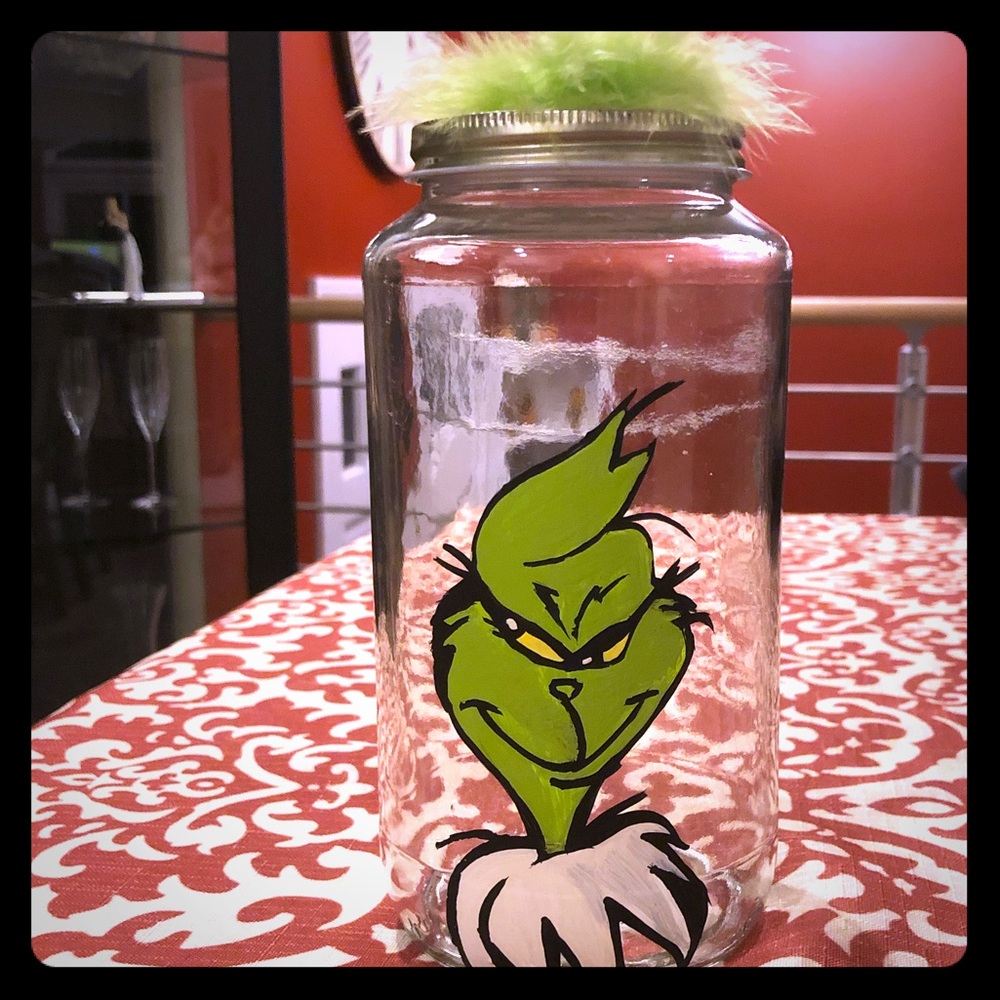HAND CRAFTED hand painted Grinch Christmas Jar